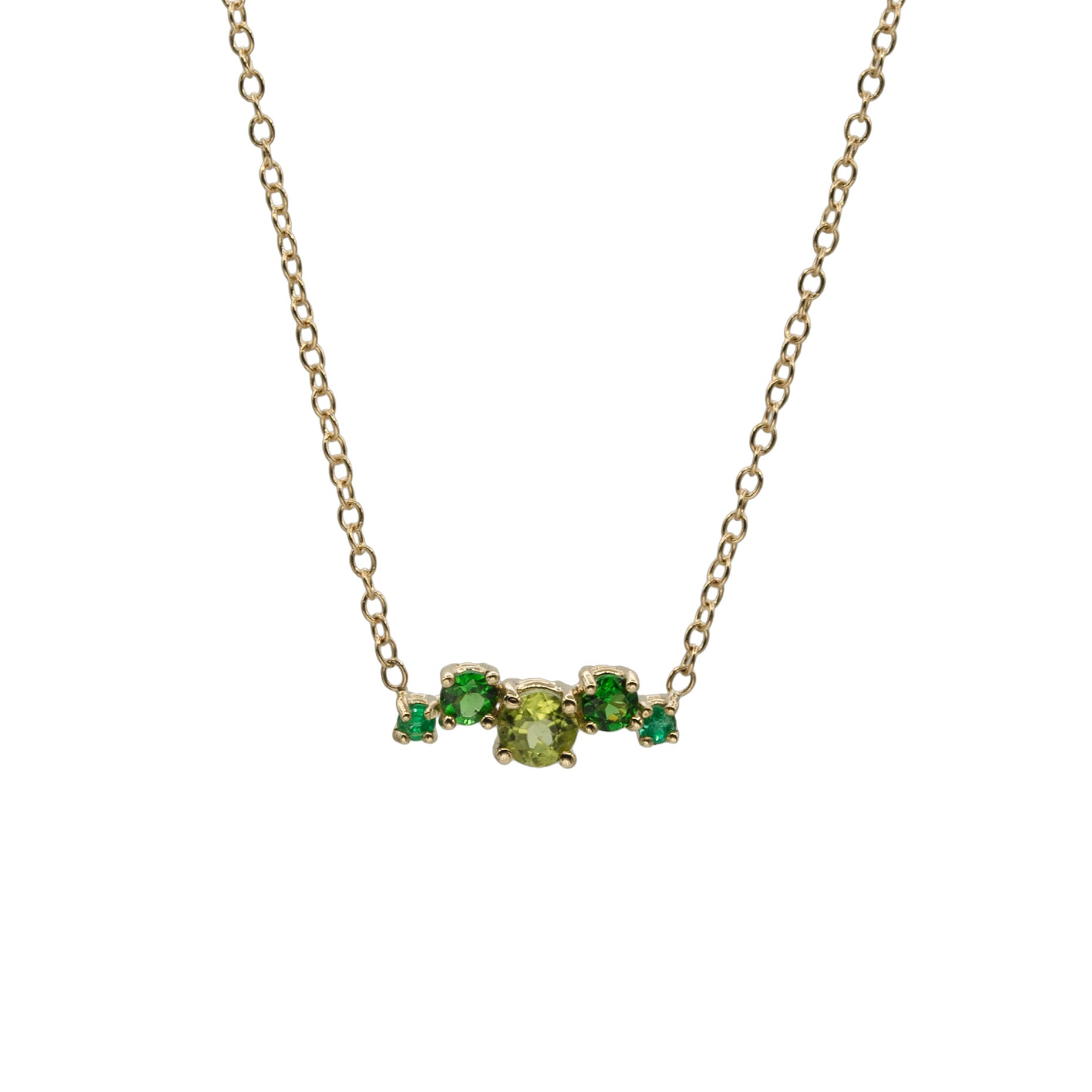 green gemstone cluster in 14k solid gold necklace