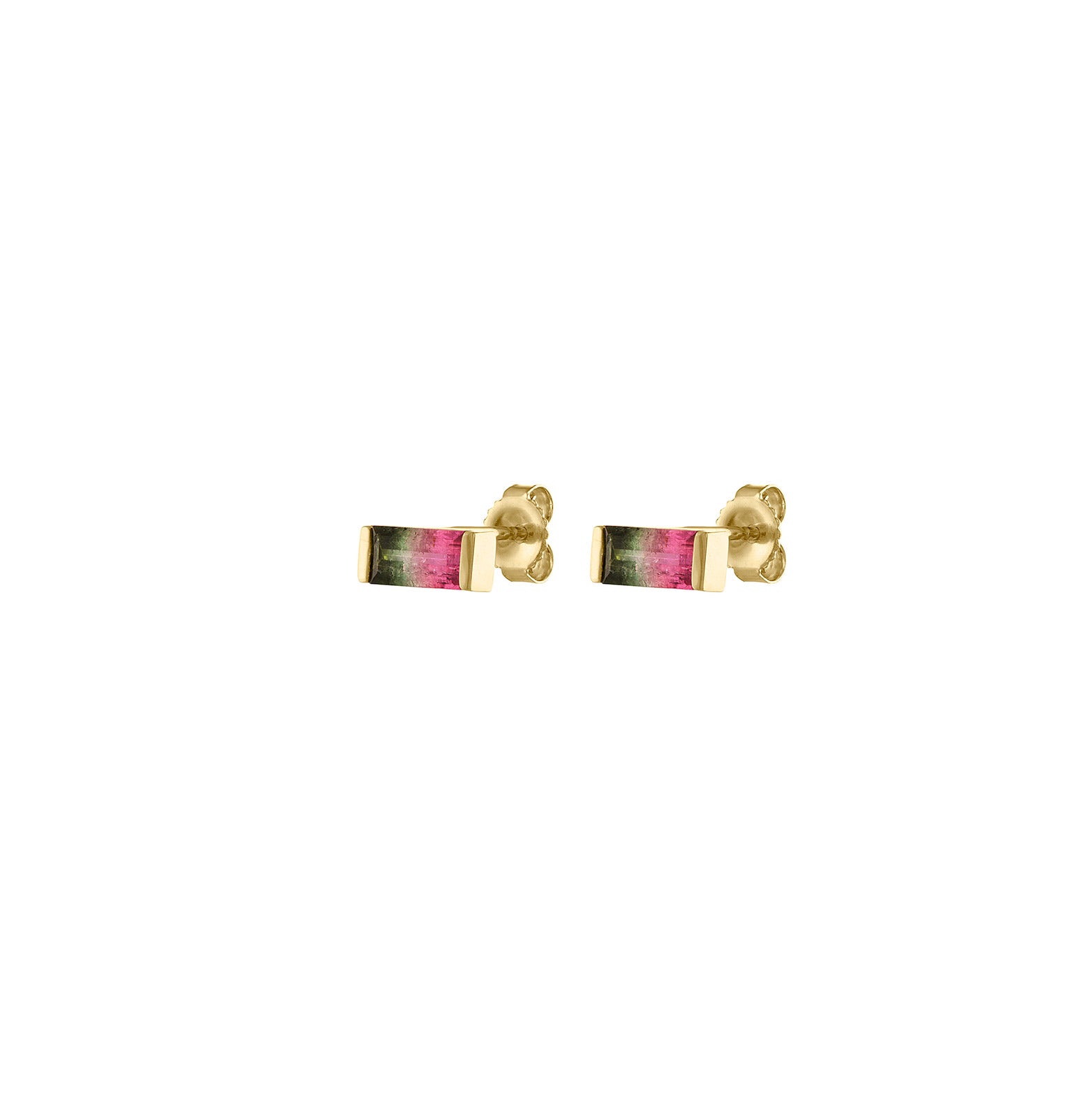 Bicolor tourmaline pair of studs set in 14k yellow gold bars