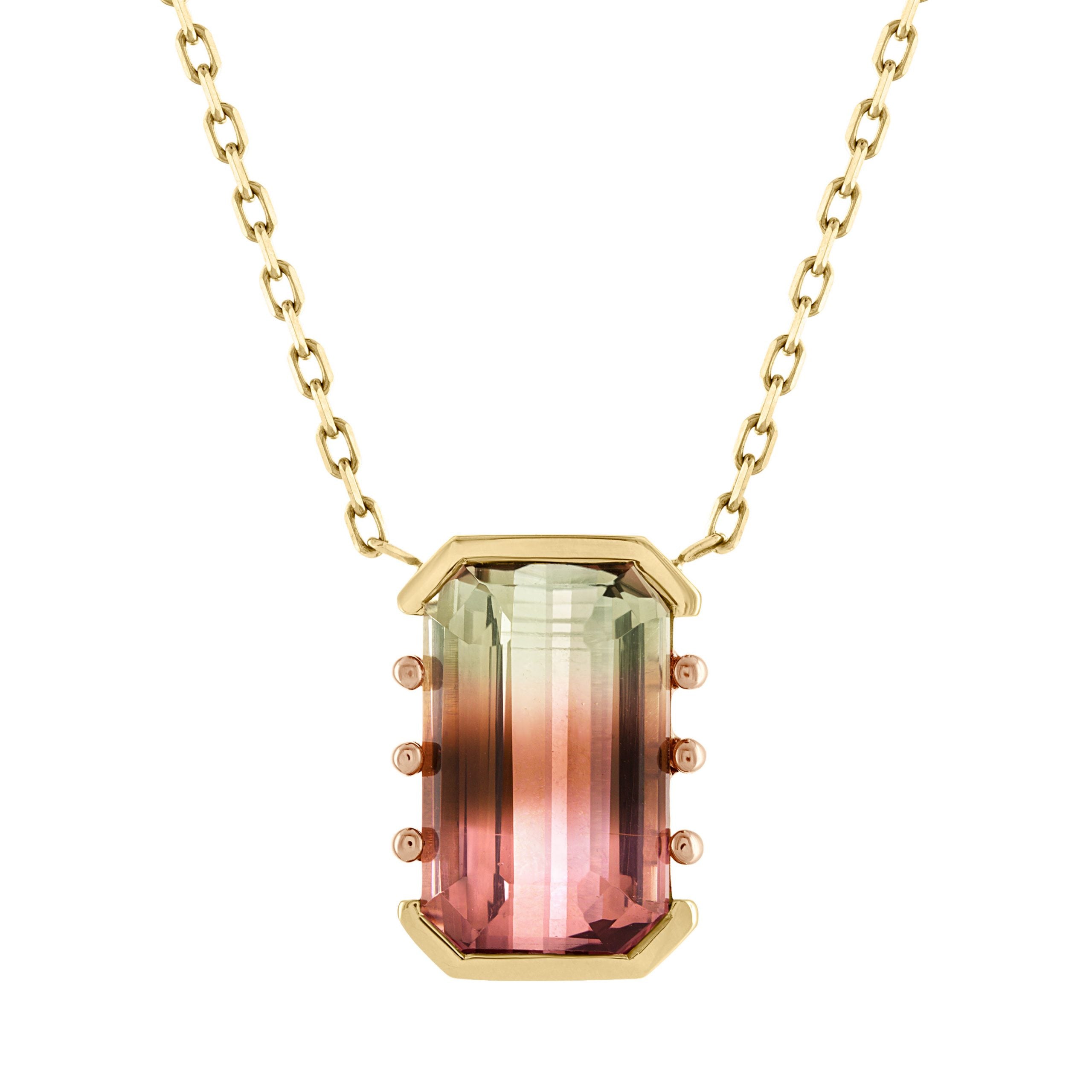 Tricolor tourmaline art deco necklace set in bicolor gold