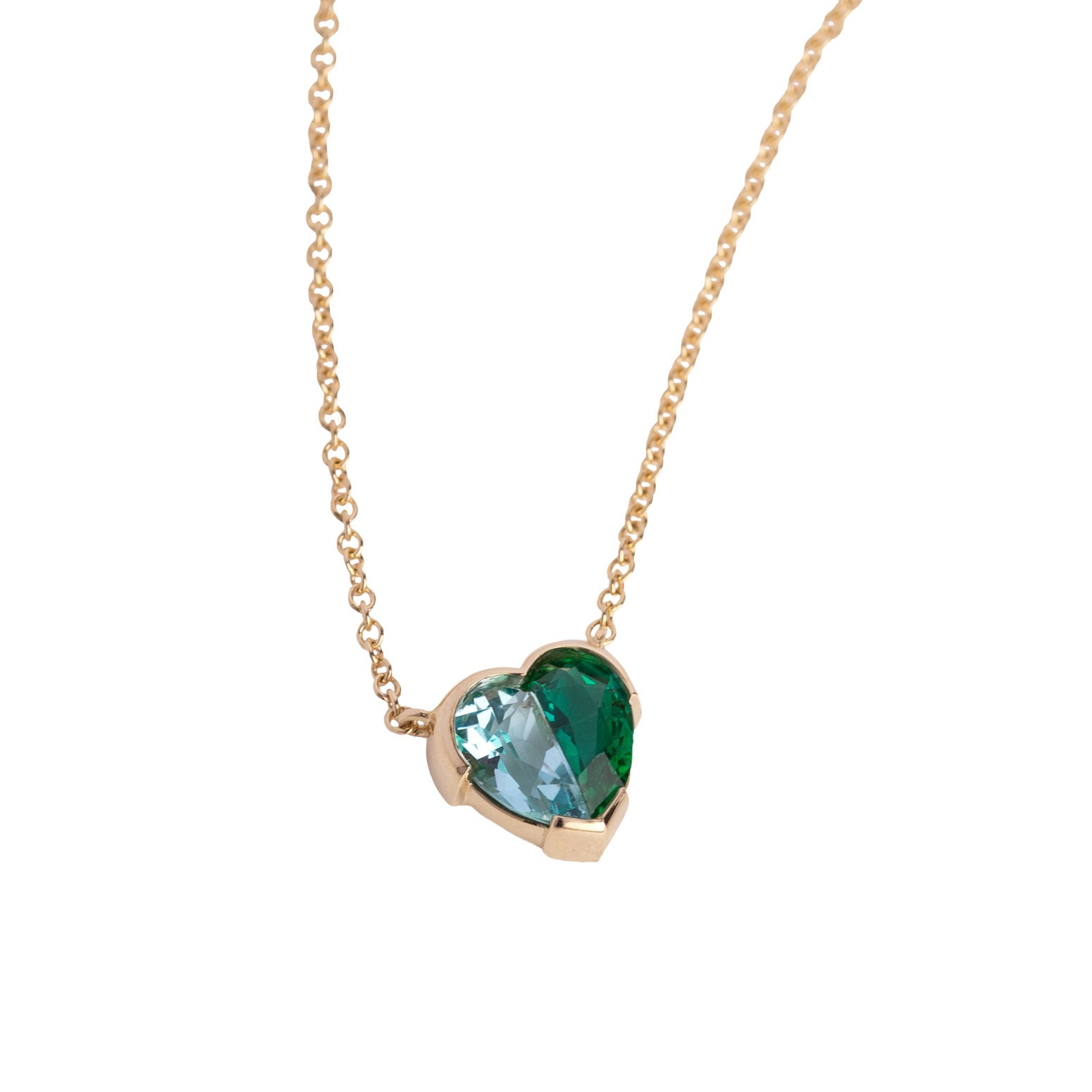 bicolor heart necklace emerald and aquamarine side view