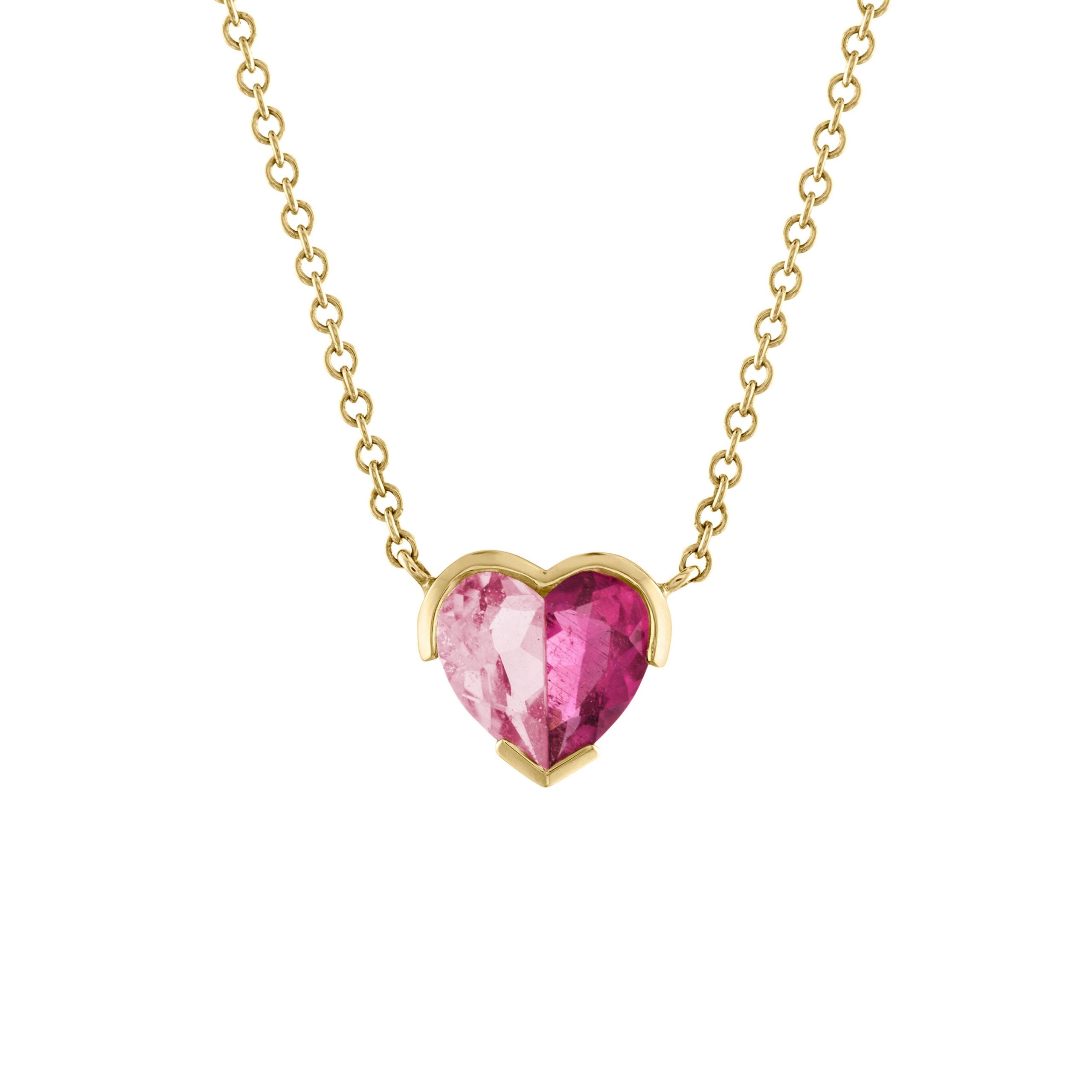 Bicolor Heart necklace with two pink tourmalines set in open bezel