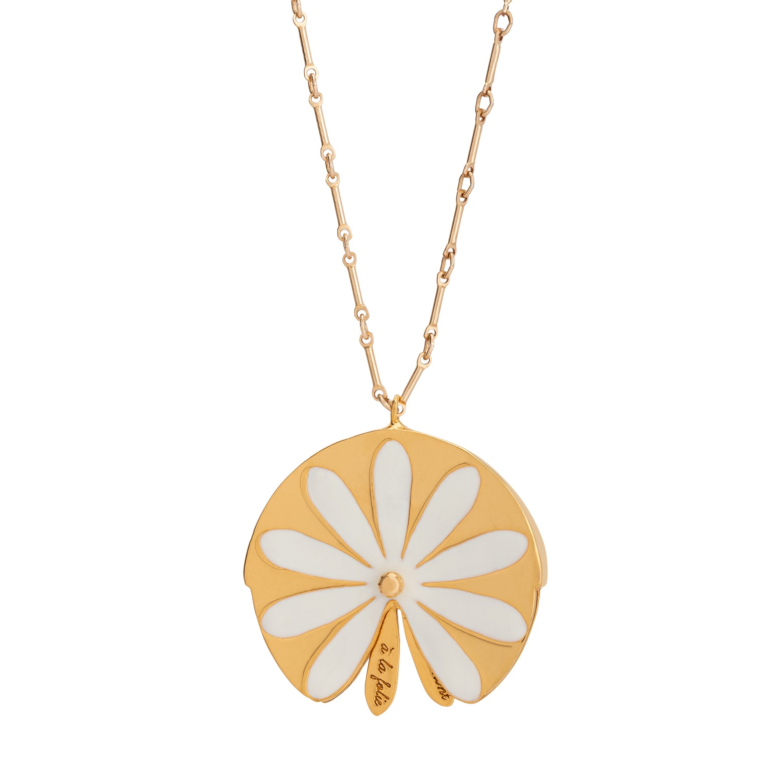 daisy necklace in 14k gold filled white enamel and ballpin center