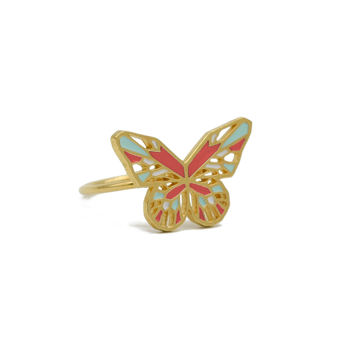 butterfly ring gold coral and mint green