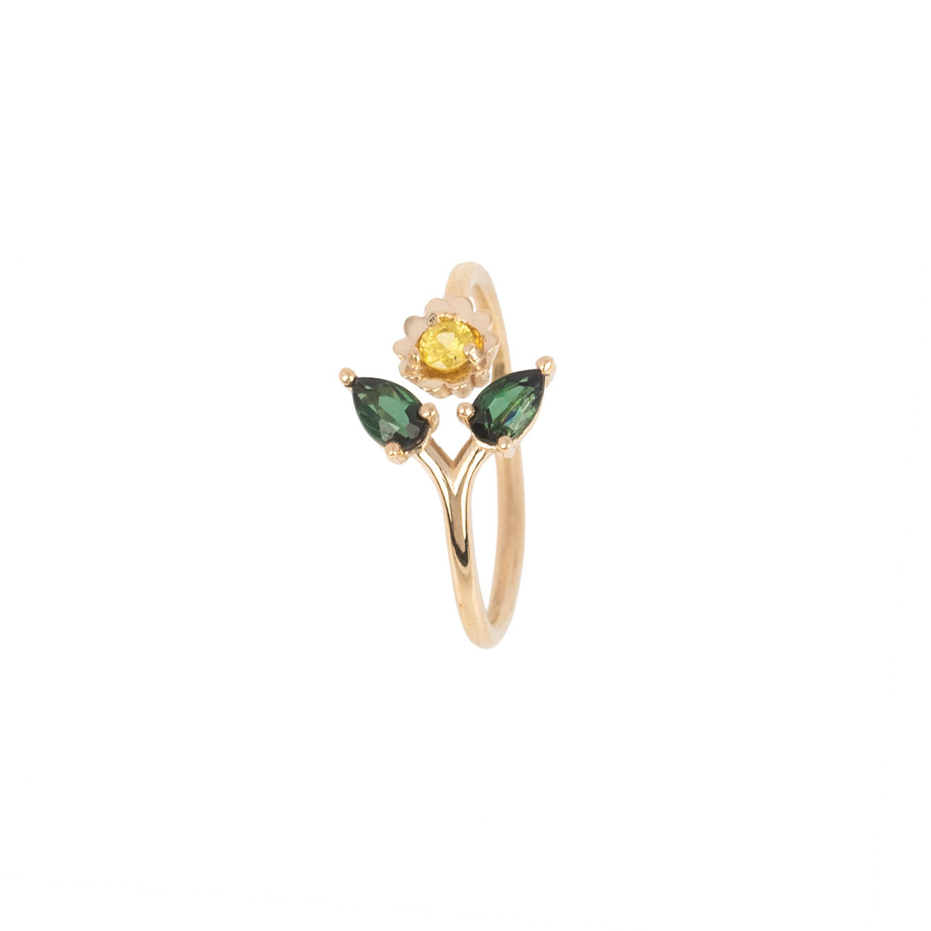 front view of daisy ring in 14k yellow gold with green tourmalines and yellow sapphire