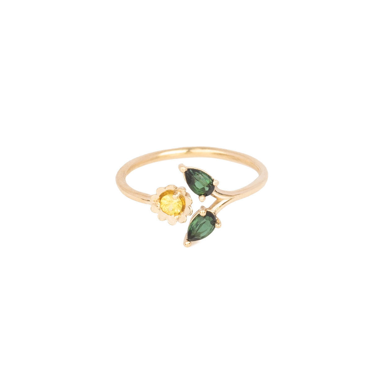 cute daisy ring in 14k yellow gold with green tourmalines and yellow sapphire