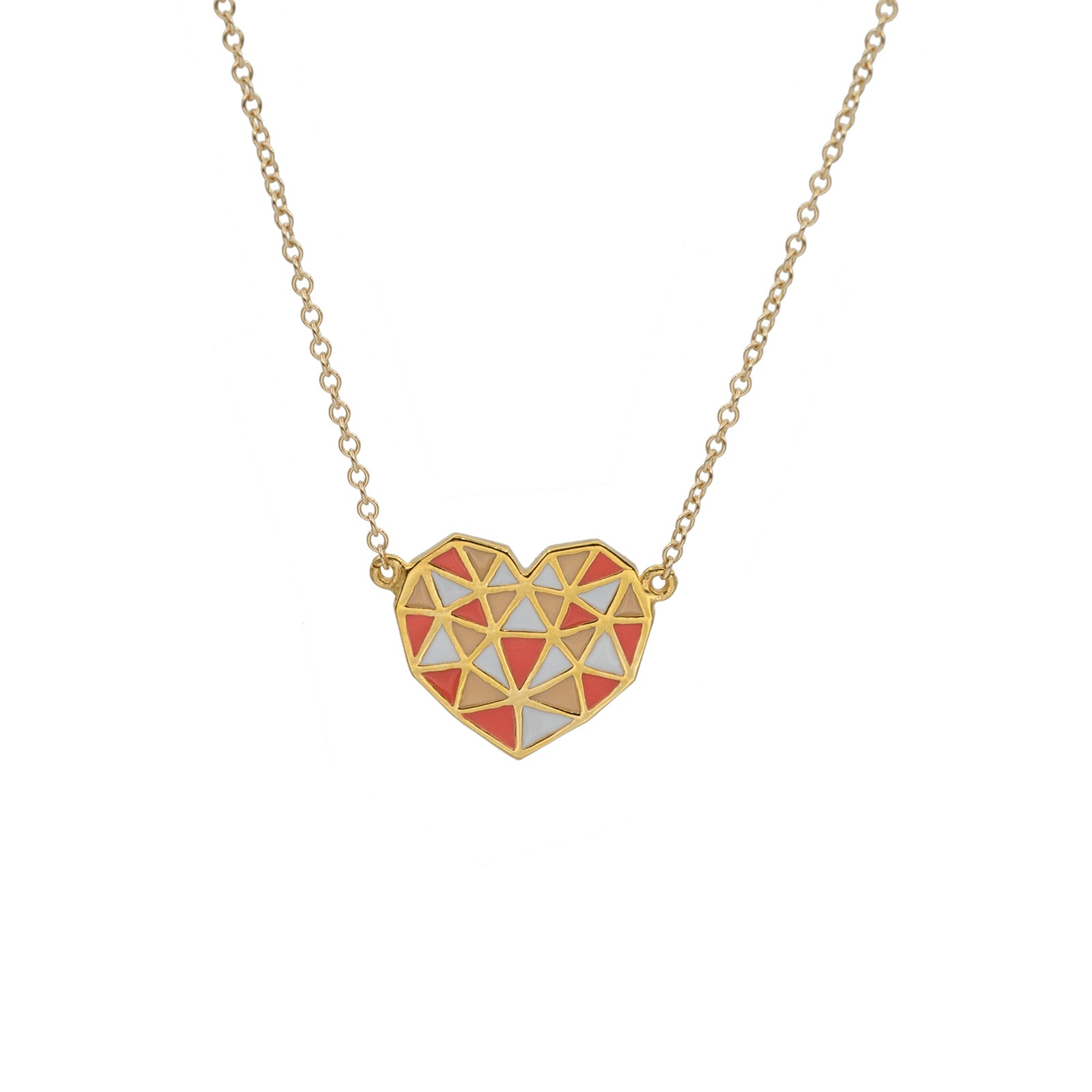 gold heart necklace with warm hues of enamel