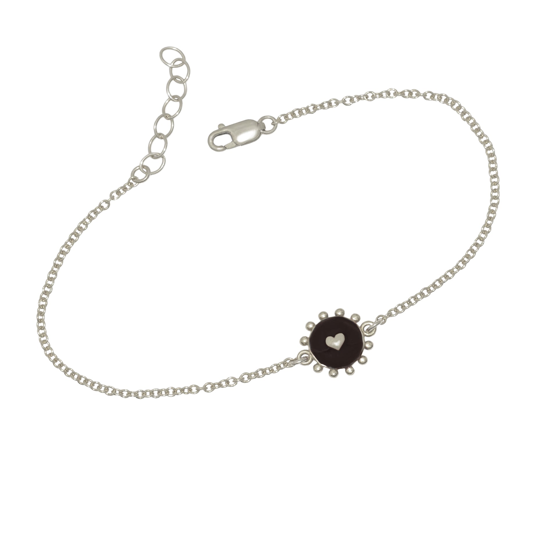heart talisman bracelet with black enamel around the embossed heart