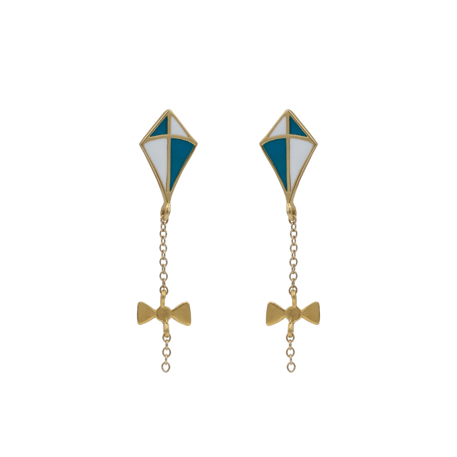 kite earrings gold in white and teal enamel