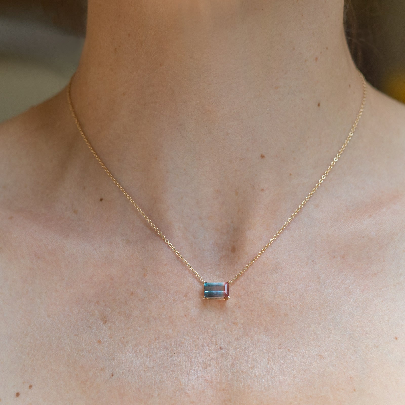 watermelon tourmaline necklace on model