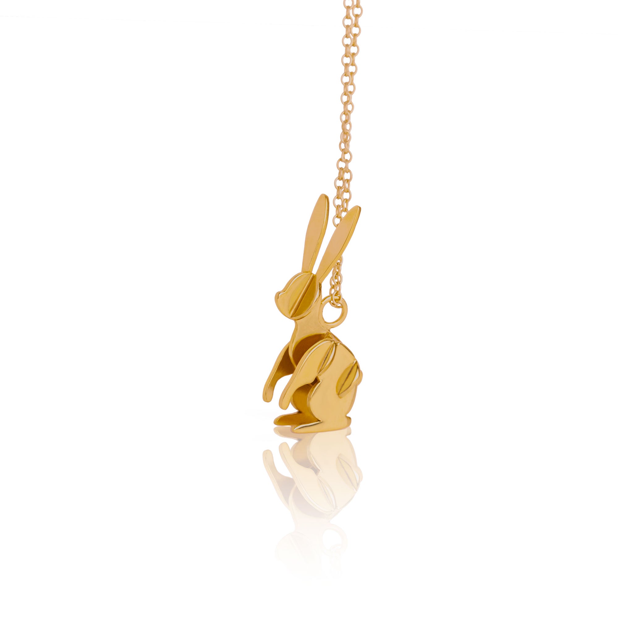 Lucky Rabbit necklace side view 14k gold micron plated bronze