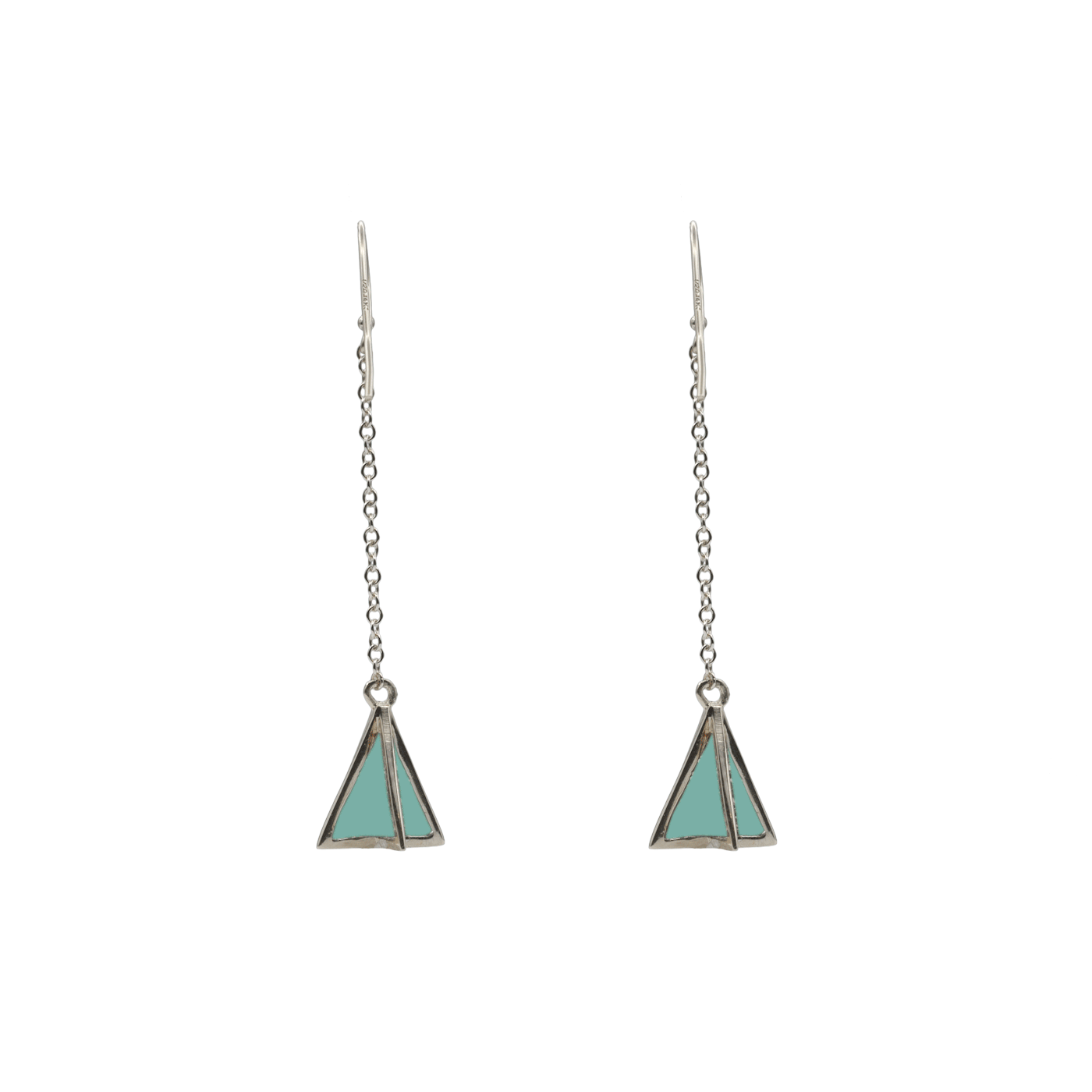 dangling pyramid earrings in silver with double sided enamel colors
