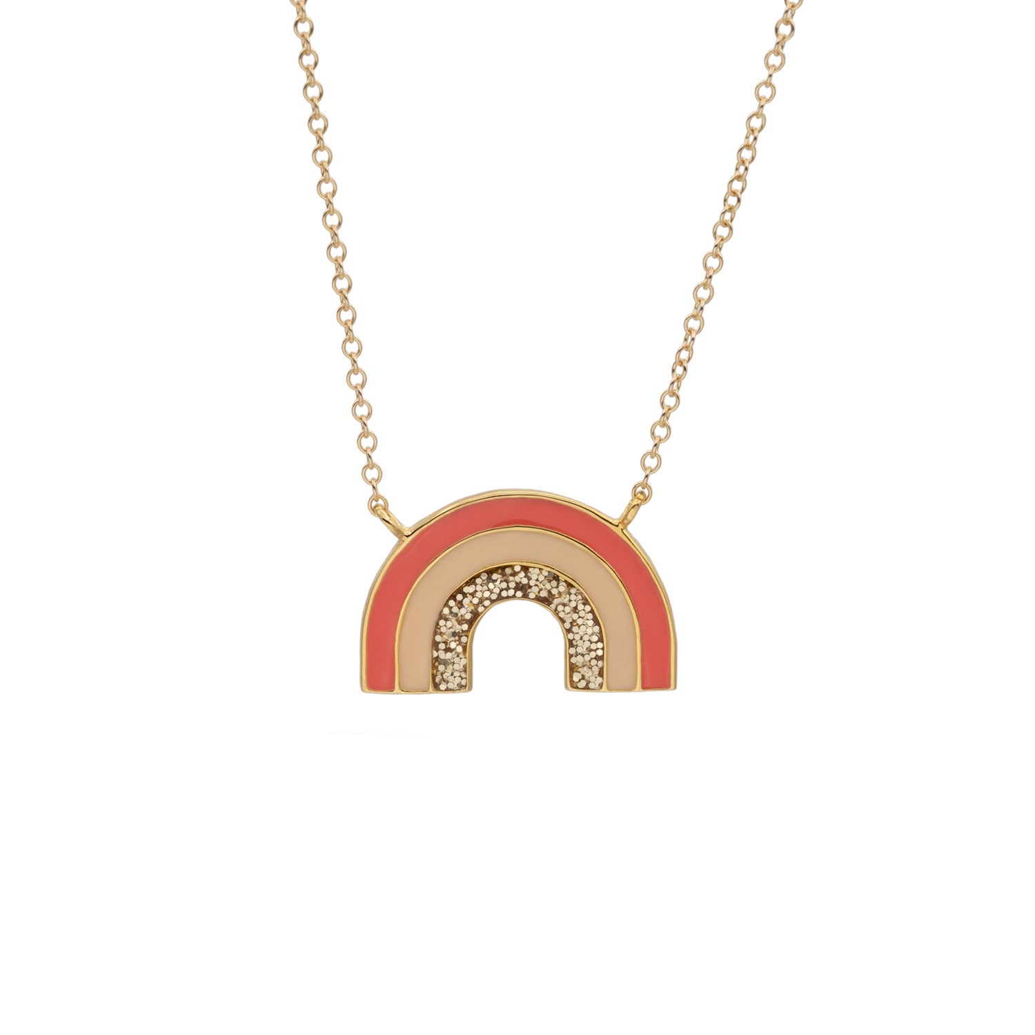 gold rainbow necklace in coral peach and gold glitter enamel