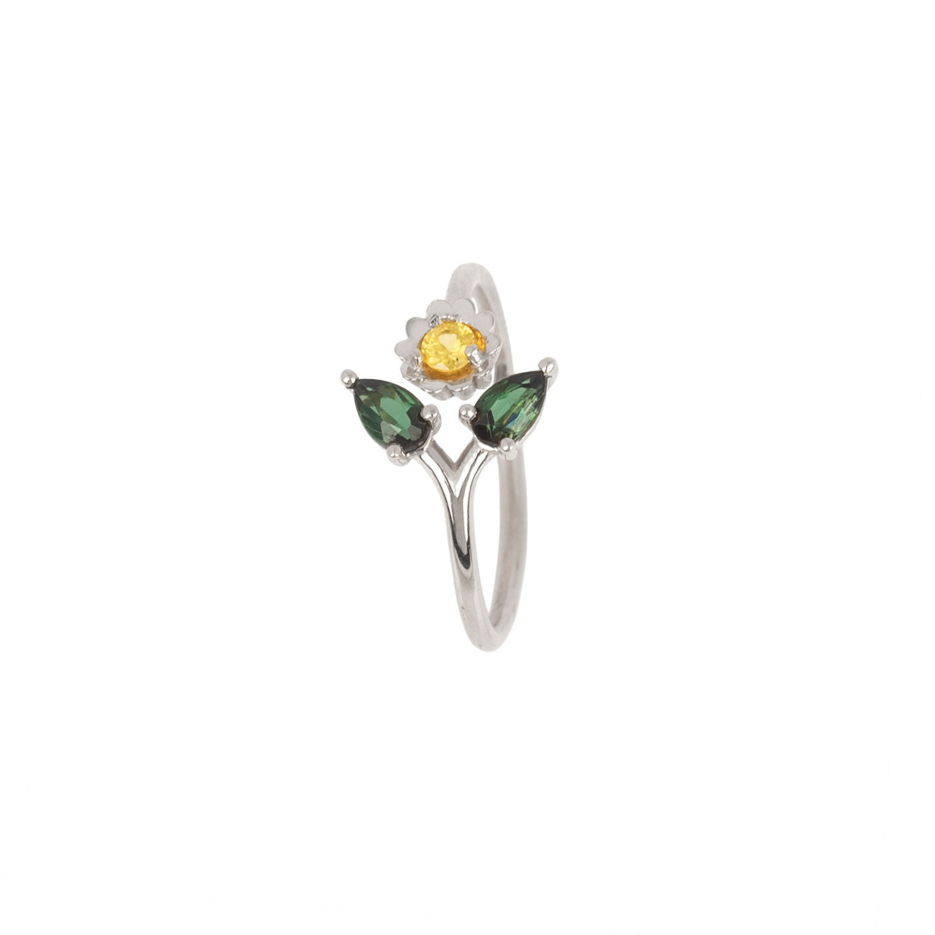 side view of 925 Sterling silver daisy open ring with yellow sapphire and pear shaped green tourmalines
