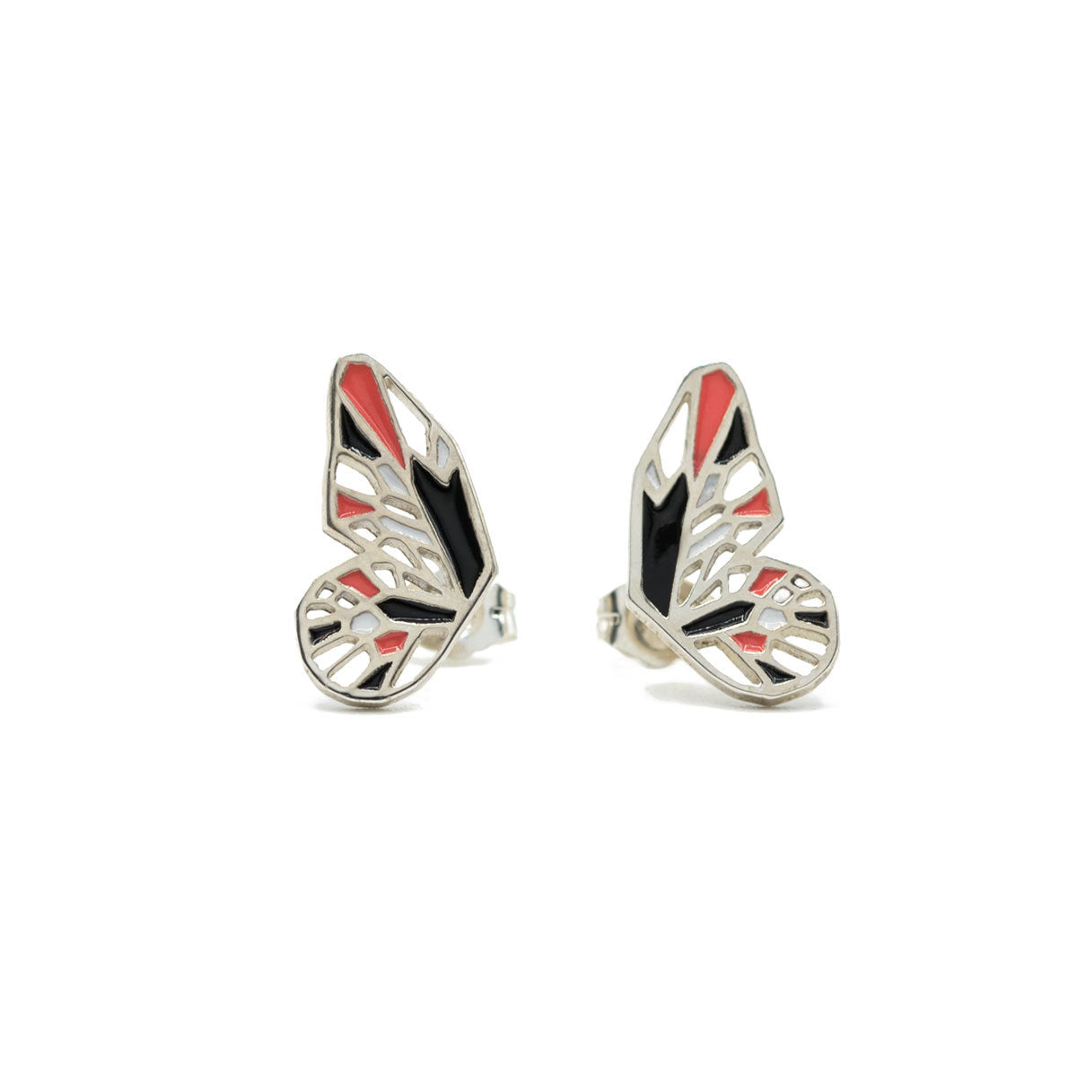 Butterfly stud earrings silver black and coral