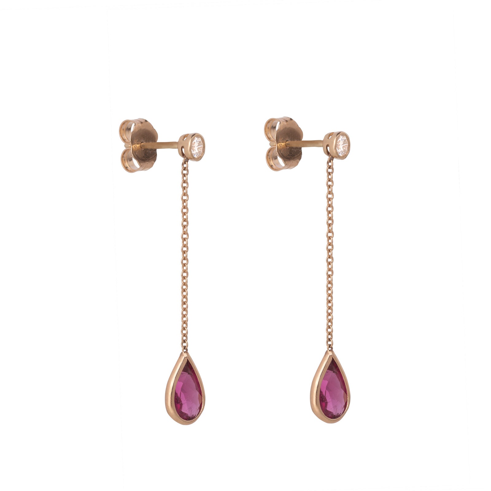 side view of diamond pink tourmaline teardrop earrings in 14k gold