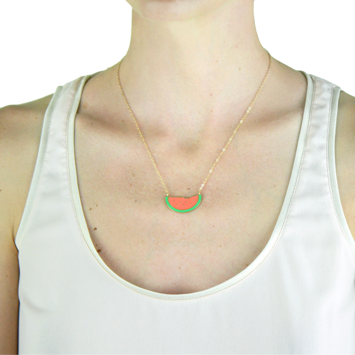 watermelon gold necklace on model