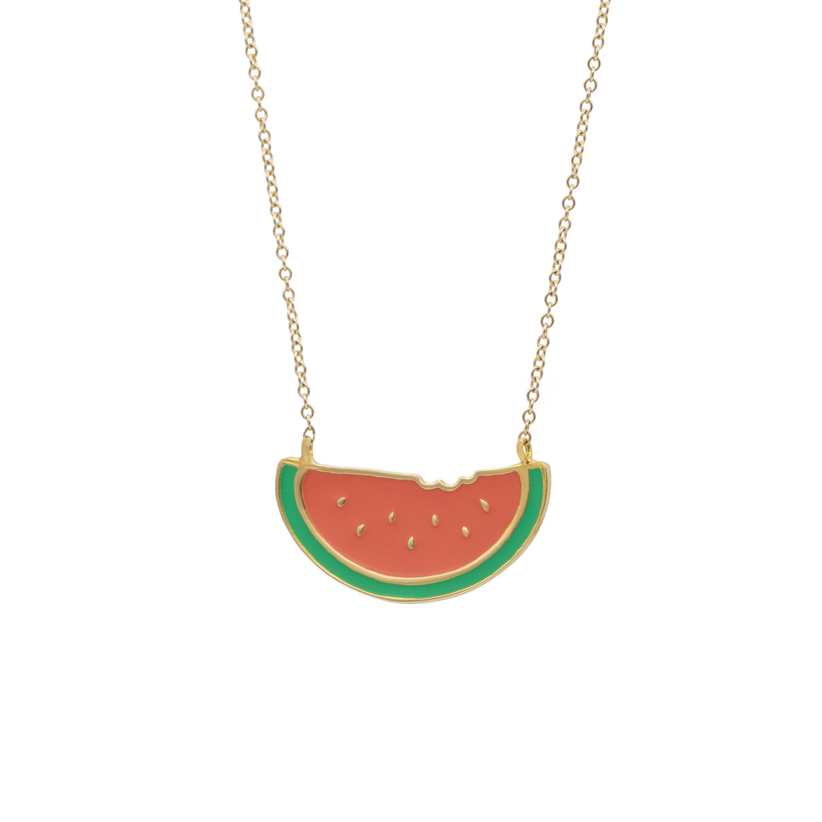 watermelon necklace with enamel on a gold filled chain