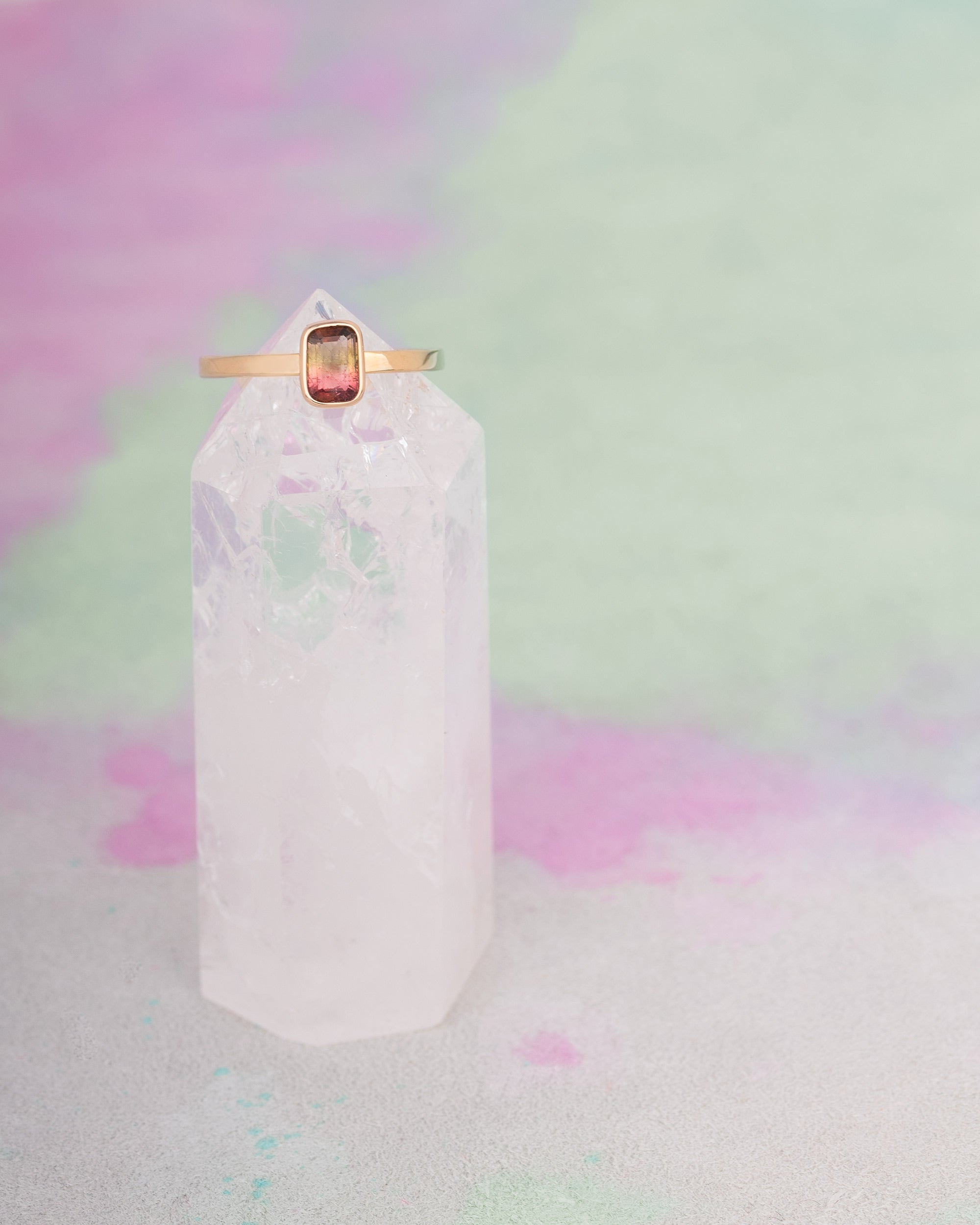 watermelon tourmaline ring on crystal