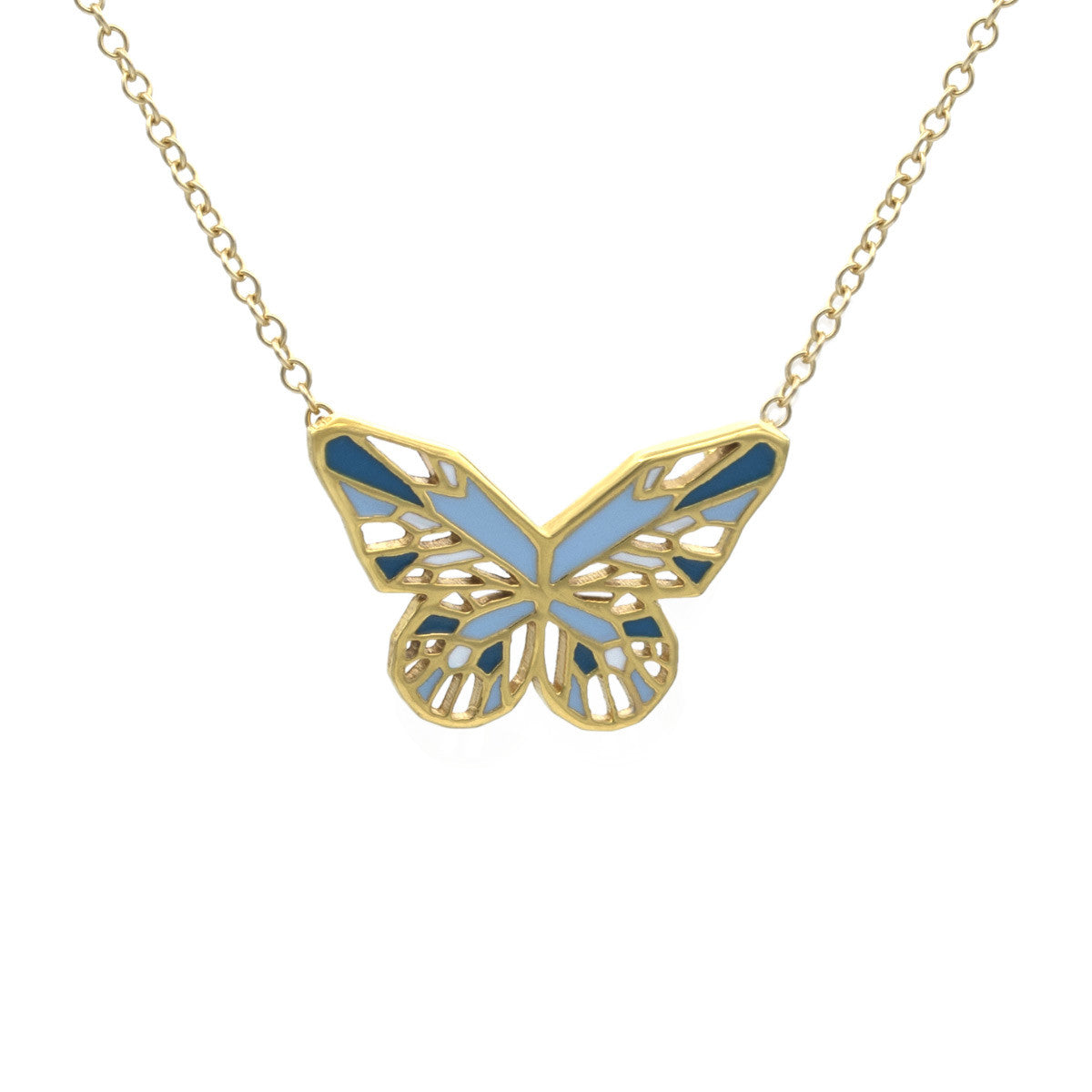 Blue Butterfly necklace gold pastel blue and turquoise