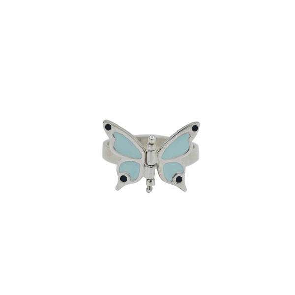 kinetic butterfly ring in sterling silver with mint and black enamel