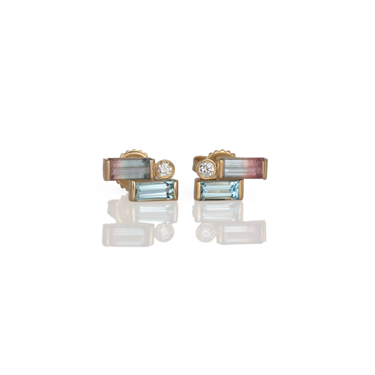 diamond aquamarine and bicolor tourmaline cluster studs in 14k solid yellow gold