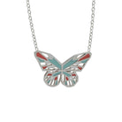 silver butterfly necklace with mint green and coral enamel