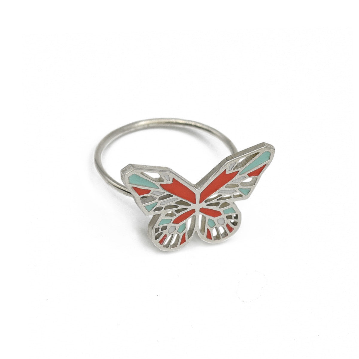 silver butterfly ring in coral and mint
