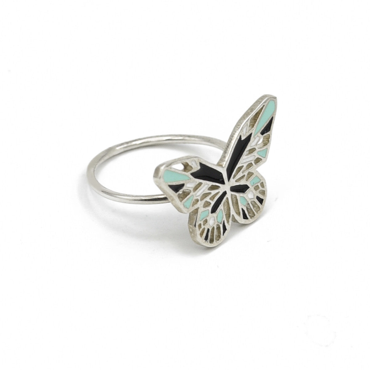 silver butterfly ring black and mint