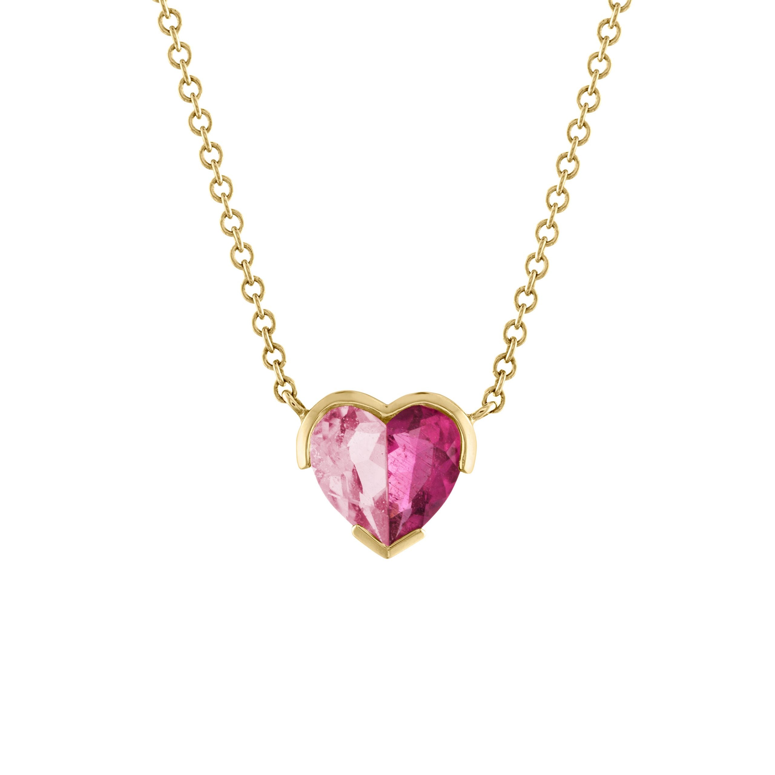 Bicolor Heart necklace with two pink tourmalines set in open bezel