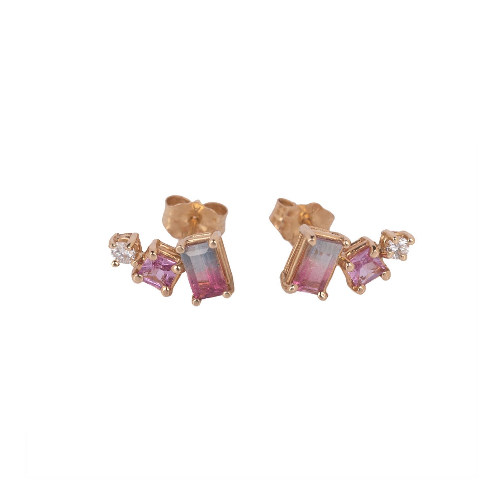 bicolor tourmaline pink sapphire and diamond studs set in solid 14k gold