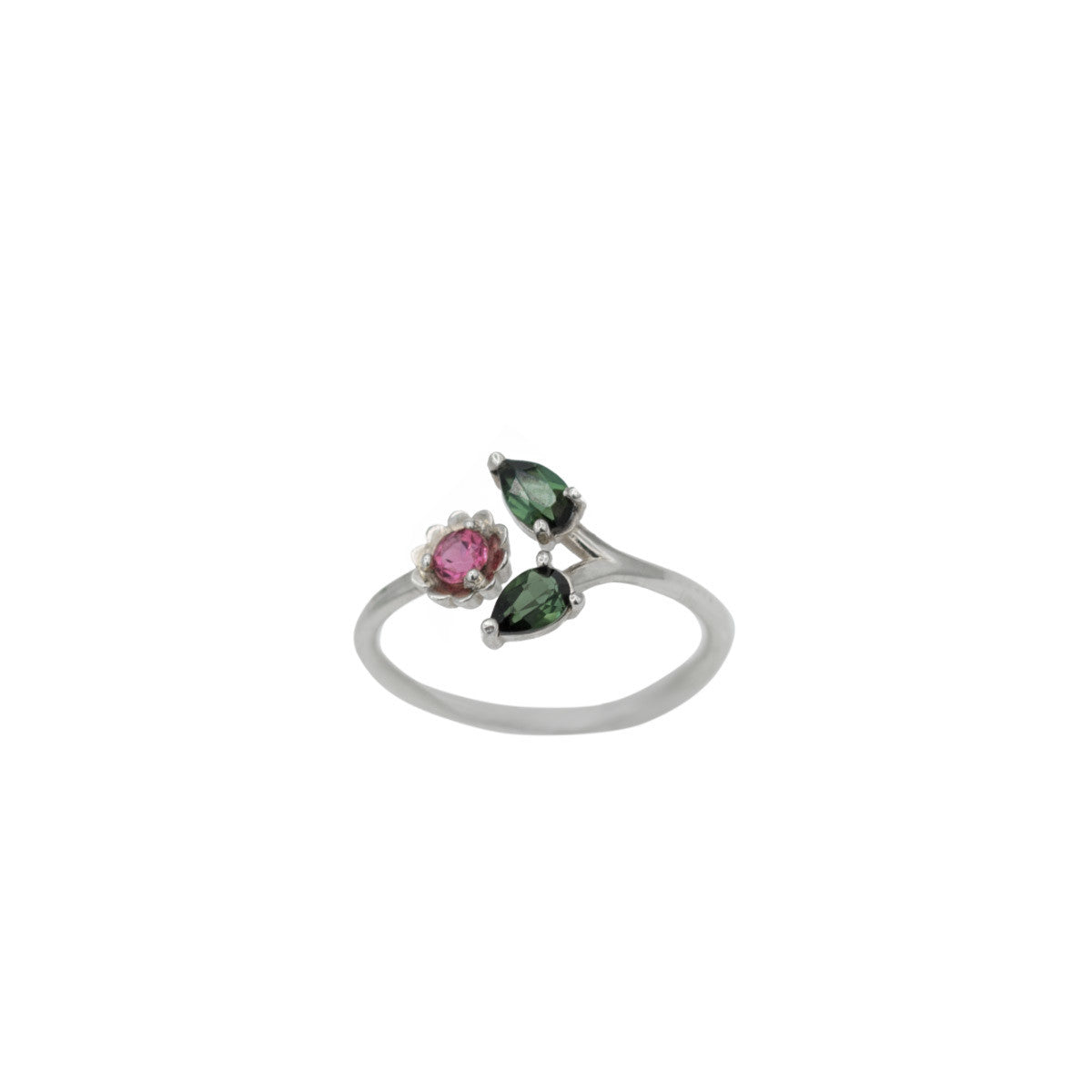 green and pink tourmaline flower open ring