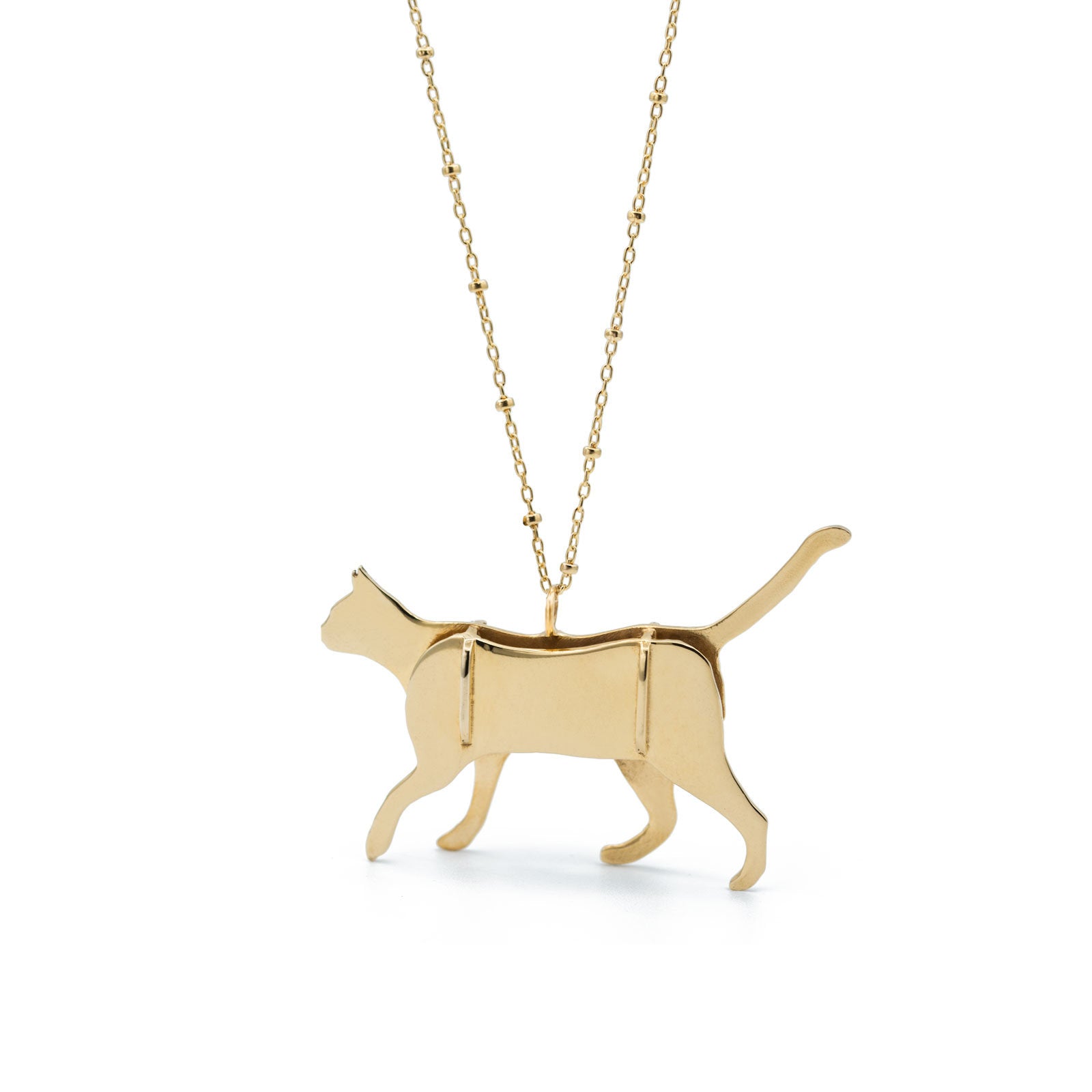 Gold cat necklace with beaded chain