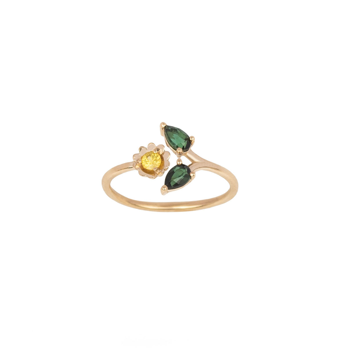 daisy ring in 14k yellow gold with green tourmalines and yellow sapphire