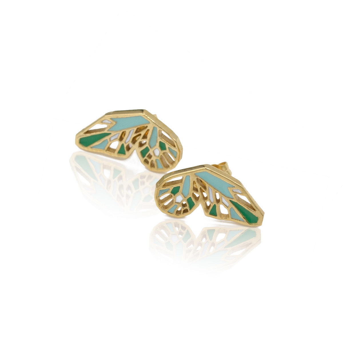 pair of butterfly wings studs in gold with mint enamel