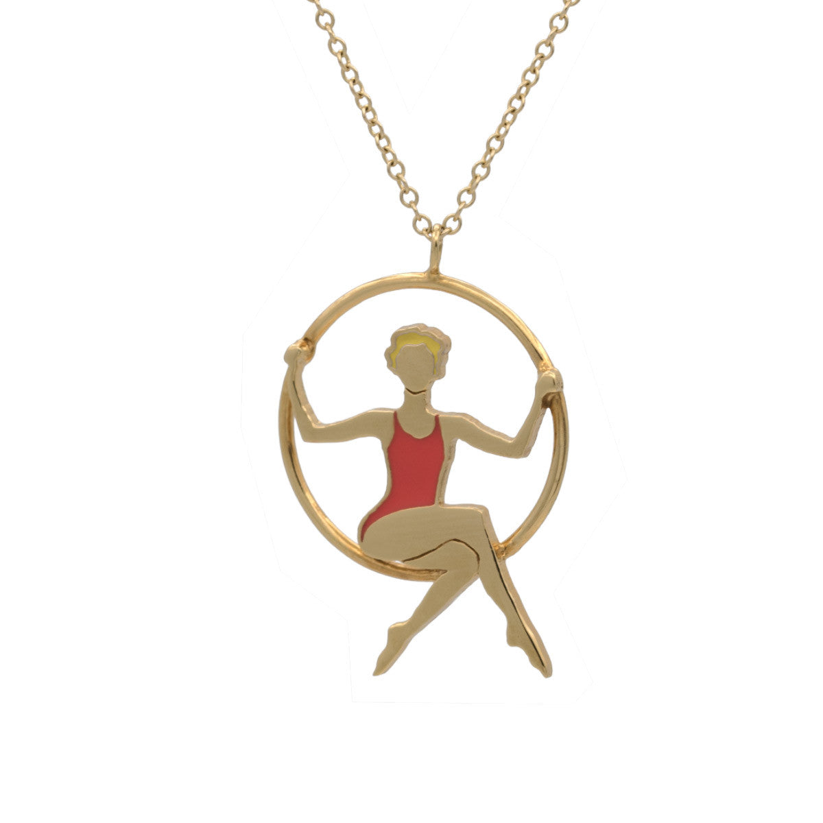 blond hoop aerialist necklace with coral leotard gold