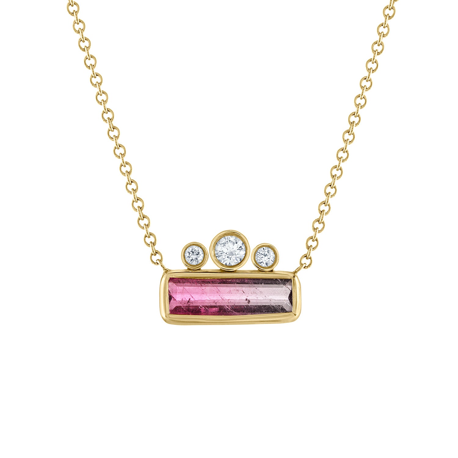 Necklace Triade of diamonds on top of bicolor tourmaline set in 14k yellow gold