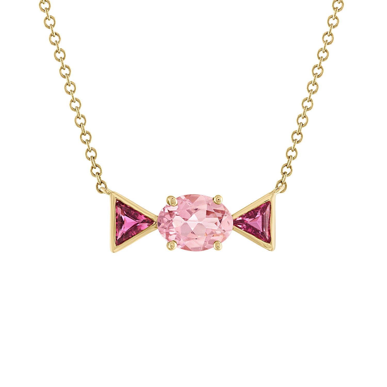 candy necklace made up of pink tourmalines set in 14k yellow gold