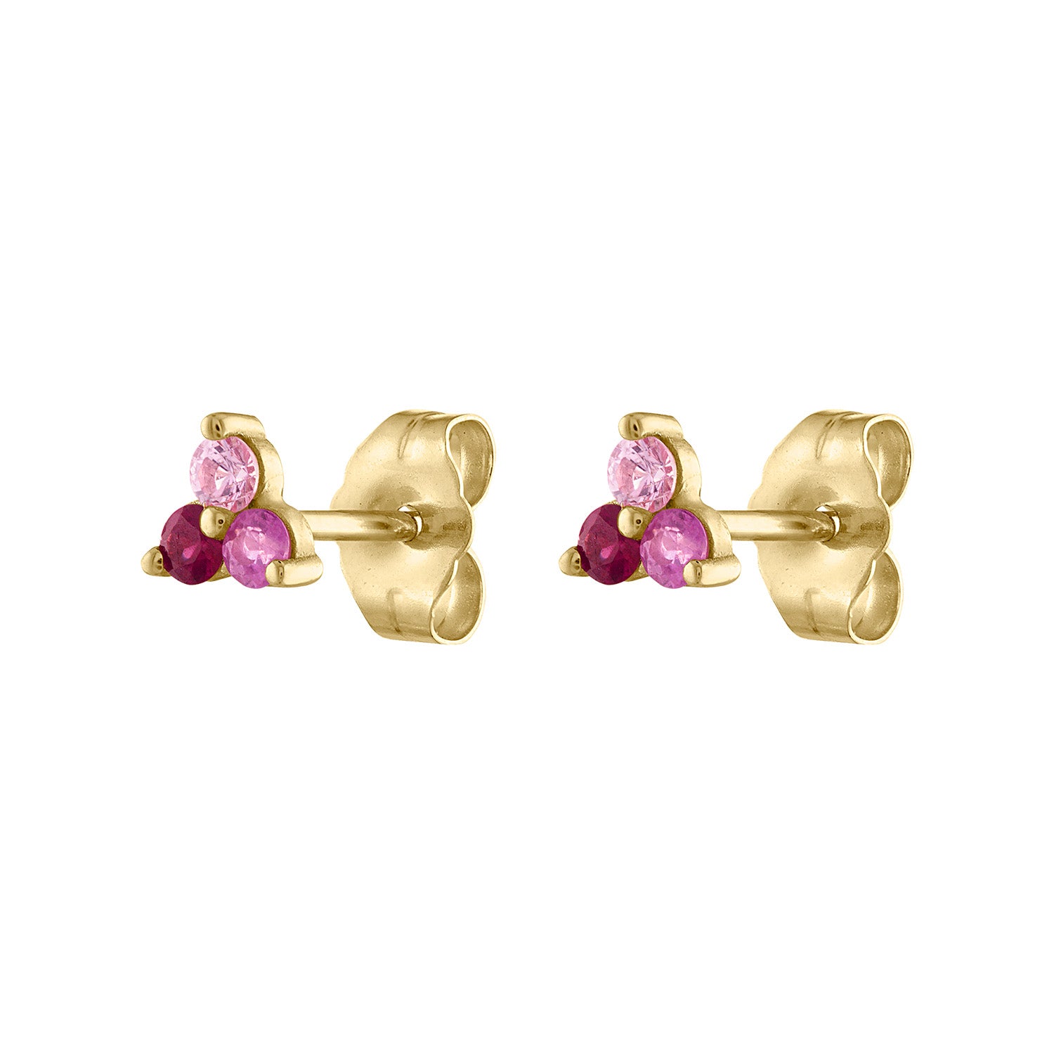 Trio of ruby and pink sapphire stud earrings in 14k yellow gold