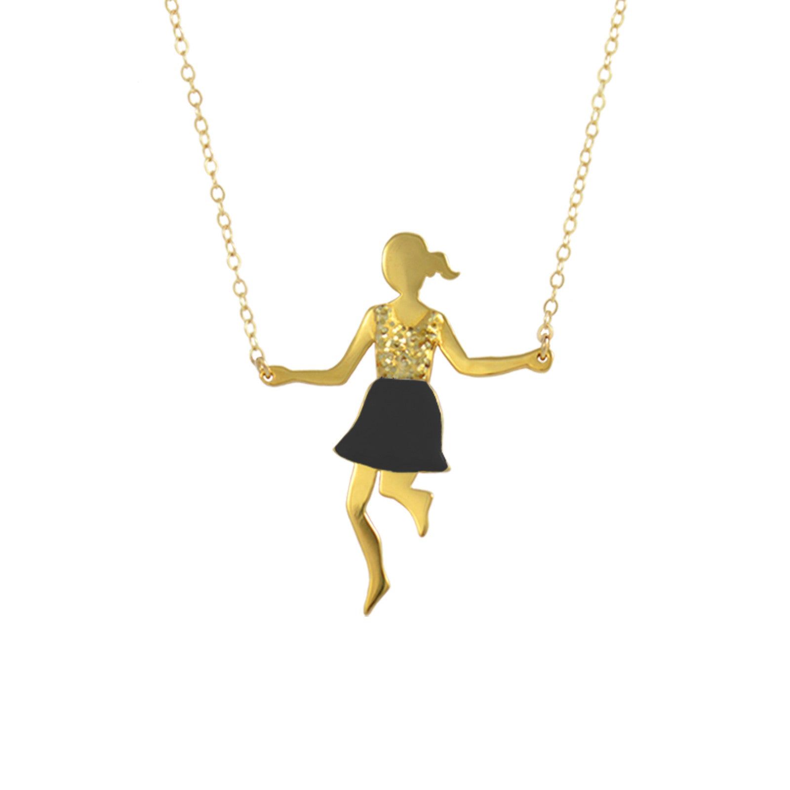 jump rope player glitter top black skirt gold big