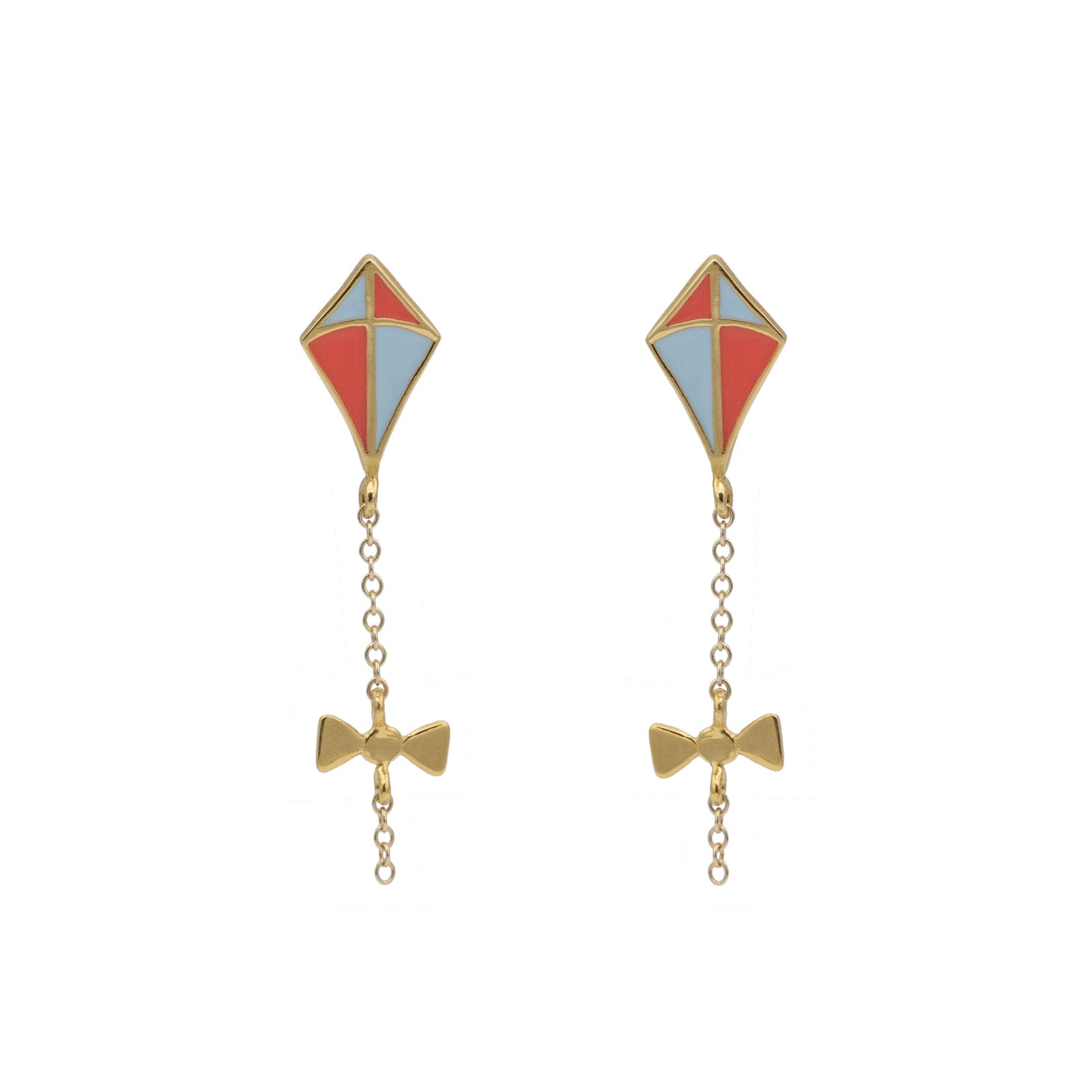 kite earrings gold with coral and pastel blue enamel