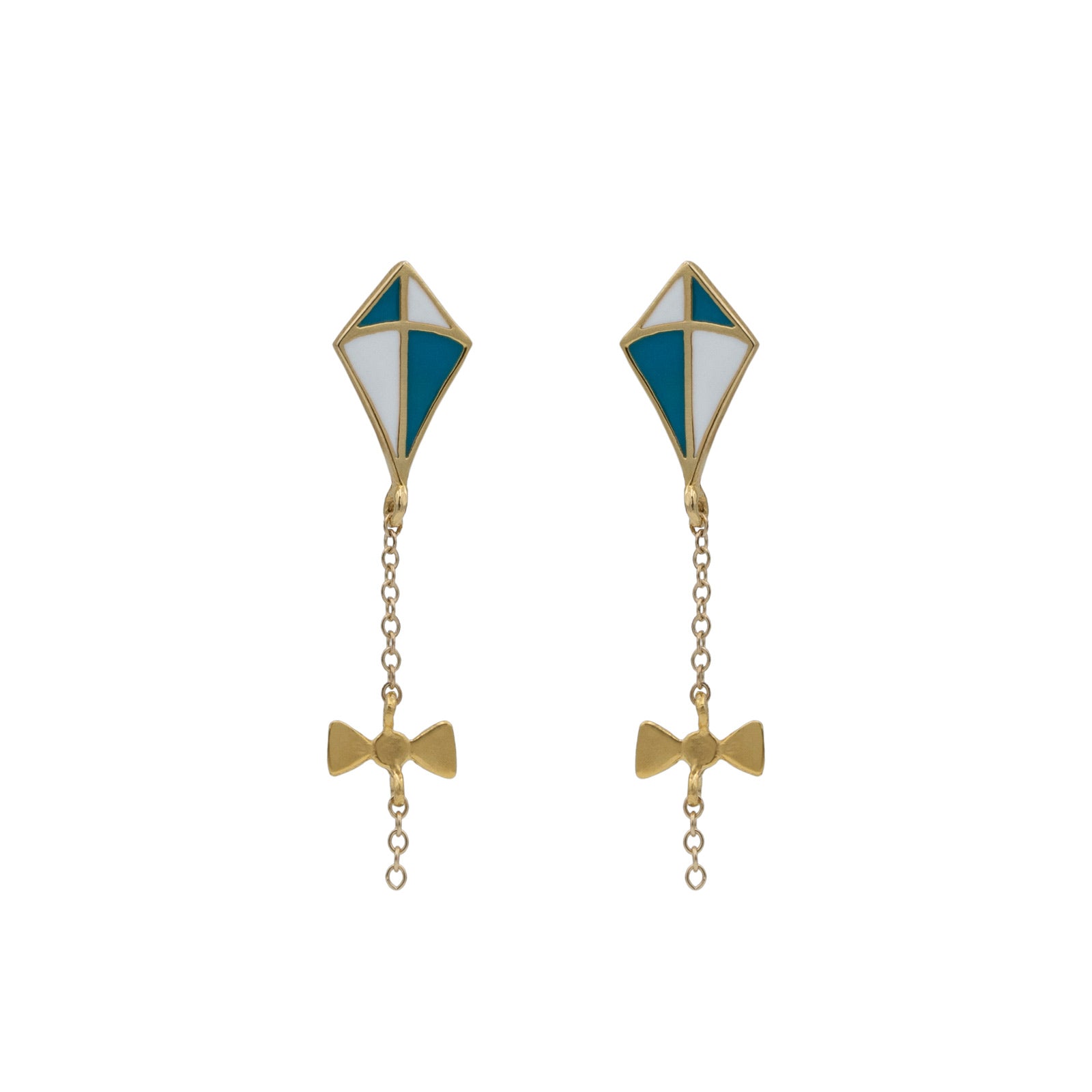 kite earrings gold in white and teal enamel