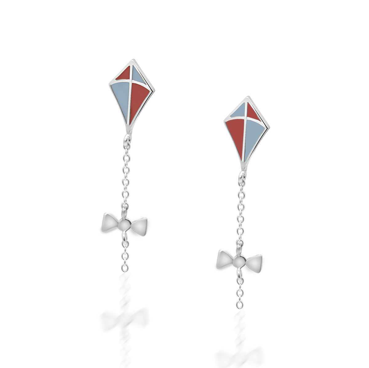 Kite post earrings silver coral and pastel blue enamel