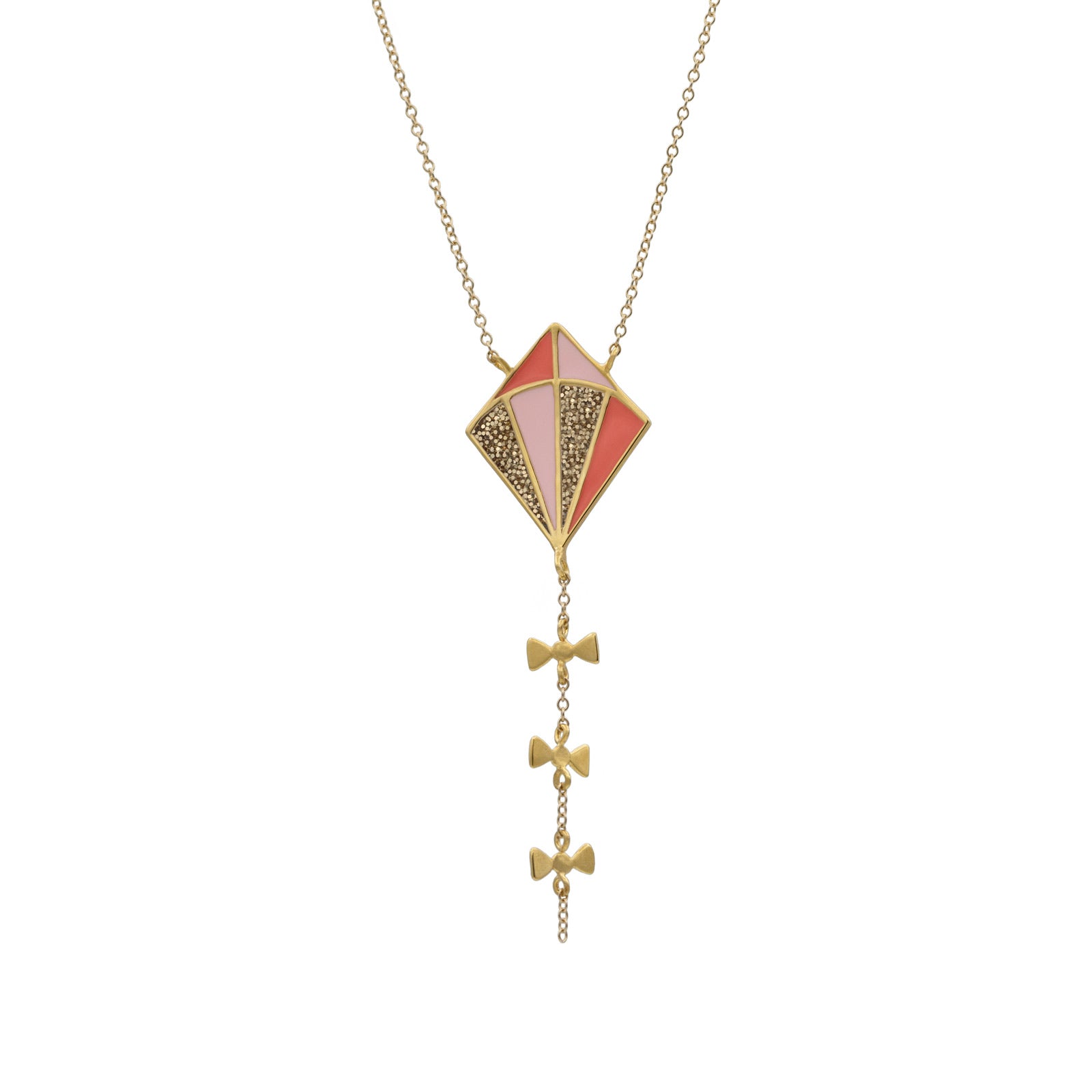 long gold kite necklace gold glitter pastel pink and coral enamel