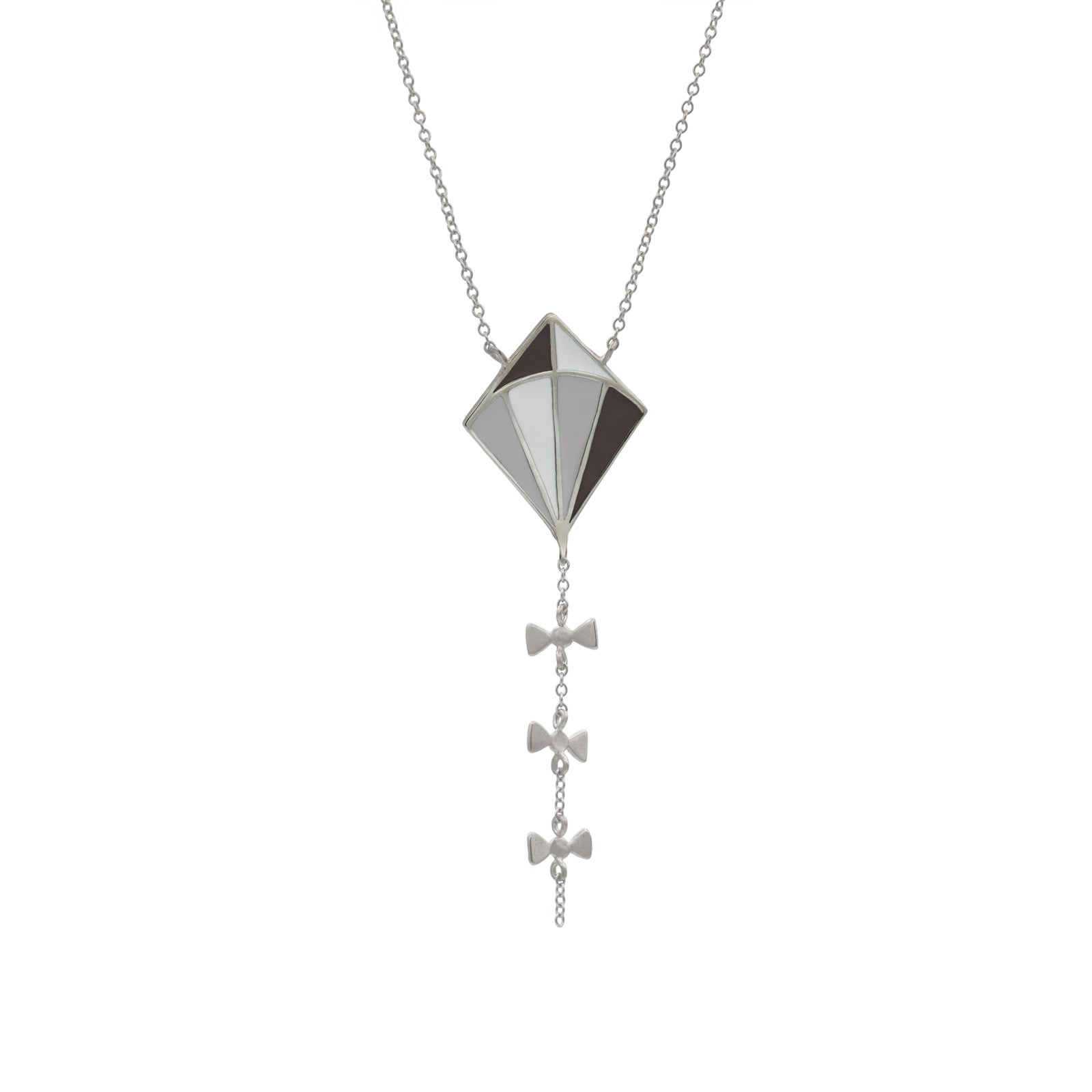 silver kite necklace with white, gray and black enamel