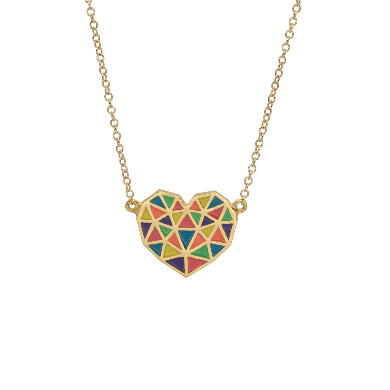 heart necklace made up of colorful triangles