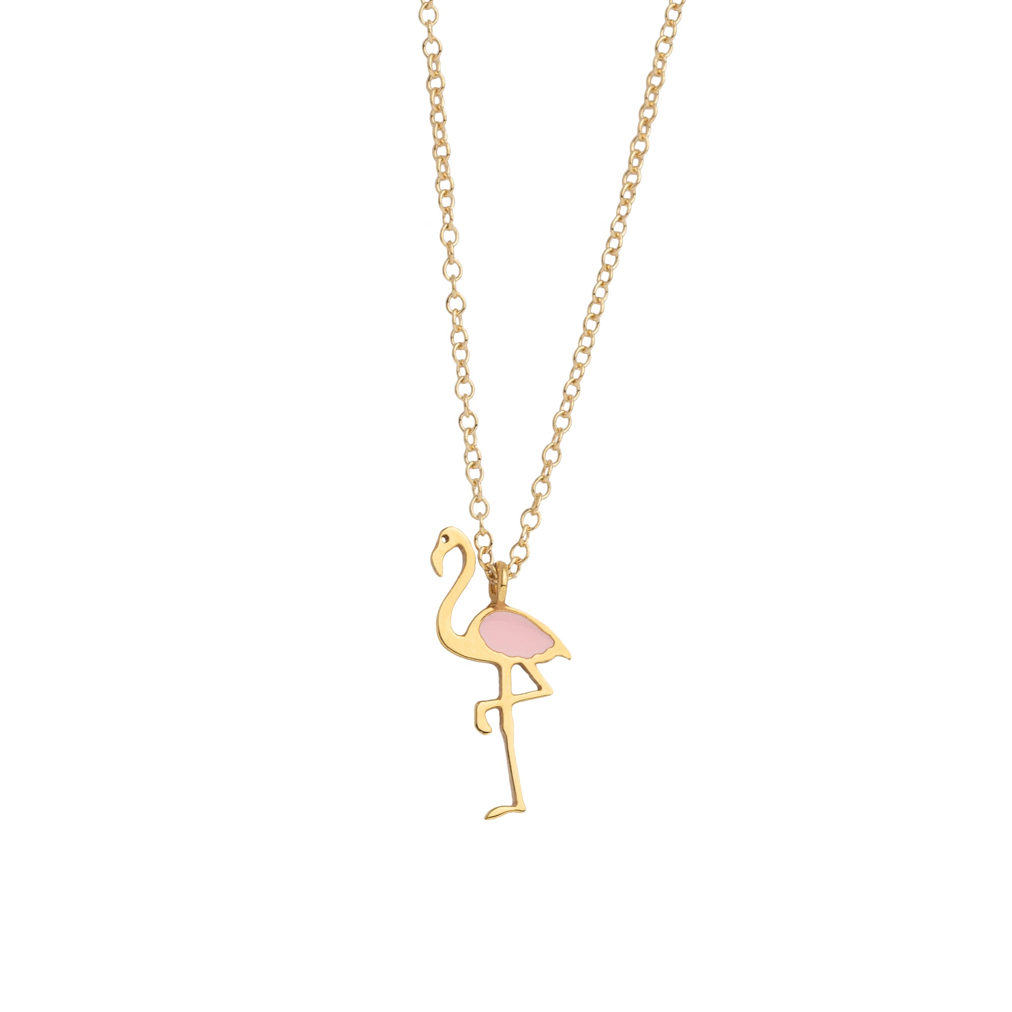 mini gold flamingo necklace with pastel pink enamel on the wing