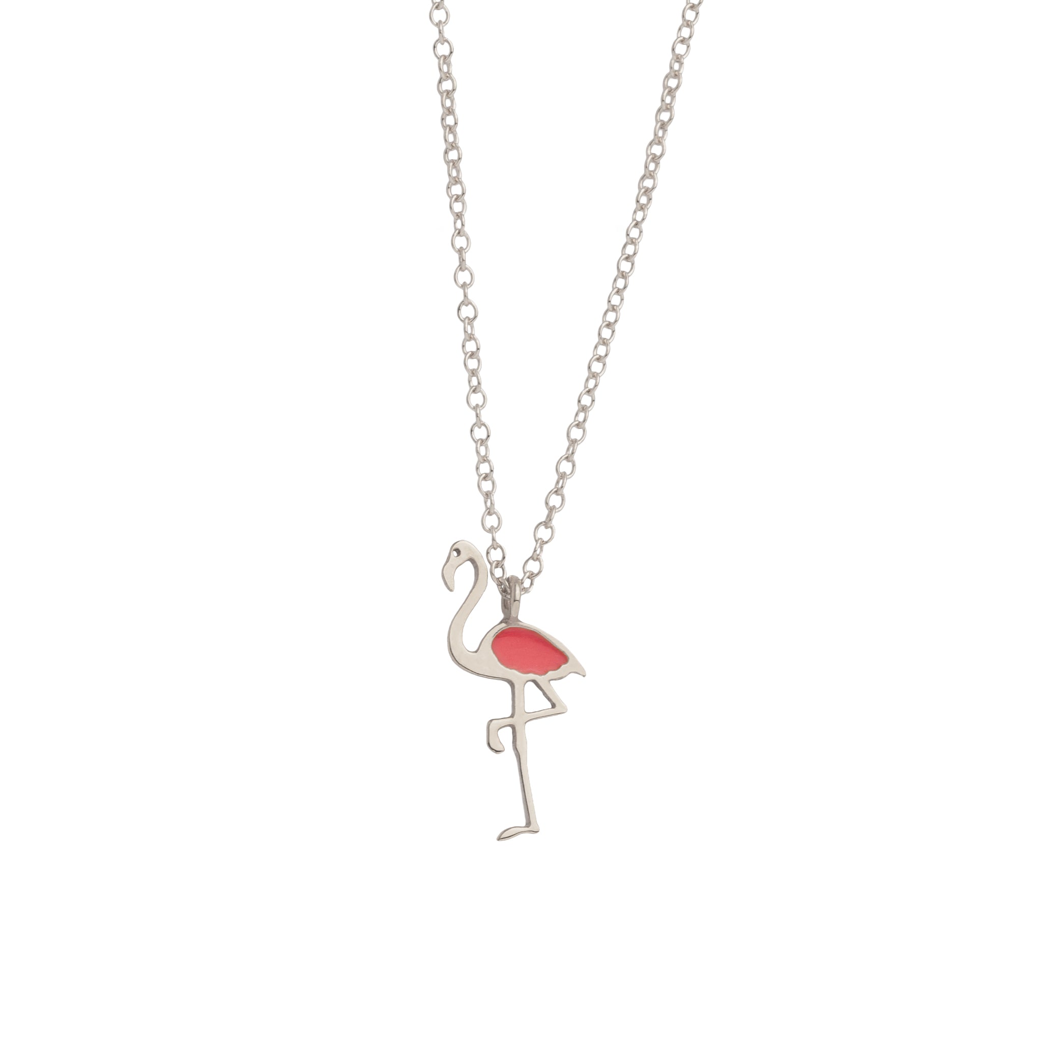 mini silver flamingo necklace with fuchsia pink enamel on the wing
