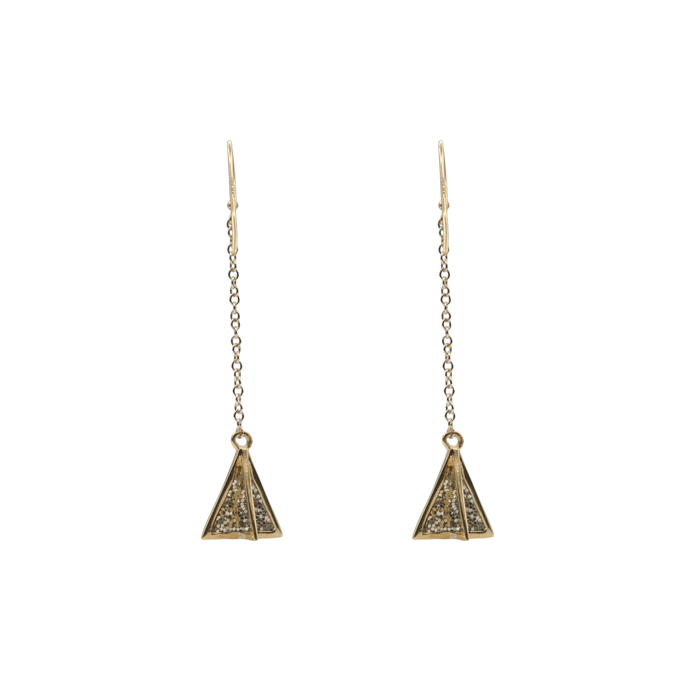 double sided enameled gold dangling pyramid earrings with gold glitter