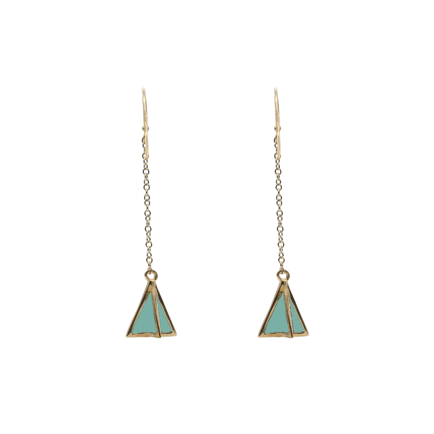 double sided enameled gold dangling pyramid earrings