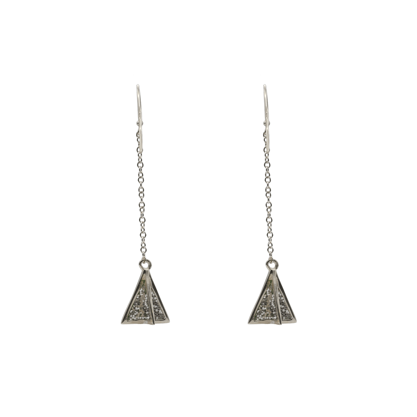 silver glitter double sided dangling pyramid earrings